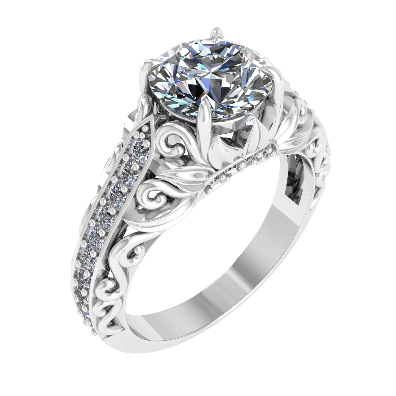FLORAL ACCENTED  7.40mm ROUND ENGAGEMENT RING